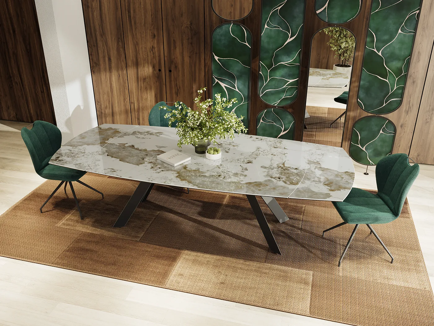 Grande table à rallonge au plateau céramique marbré, chaises vertes, parquet en bois