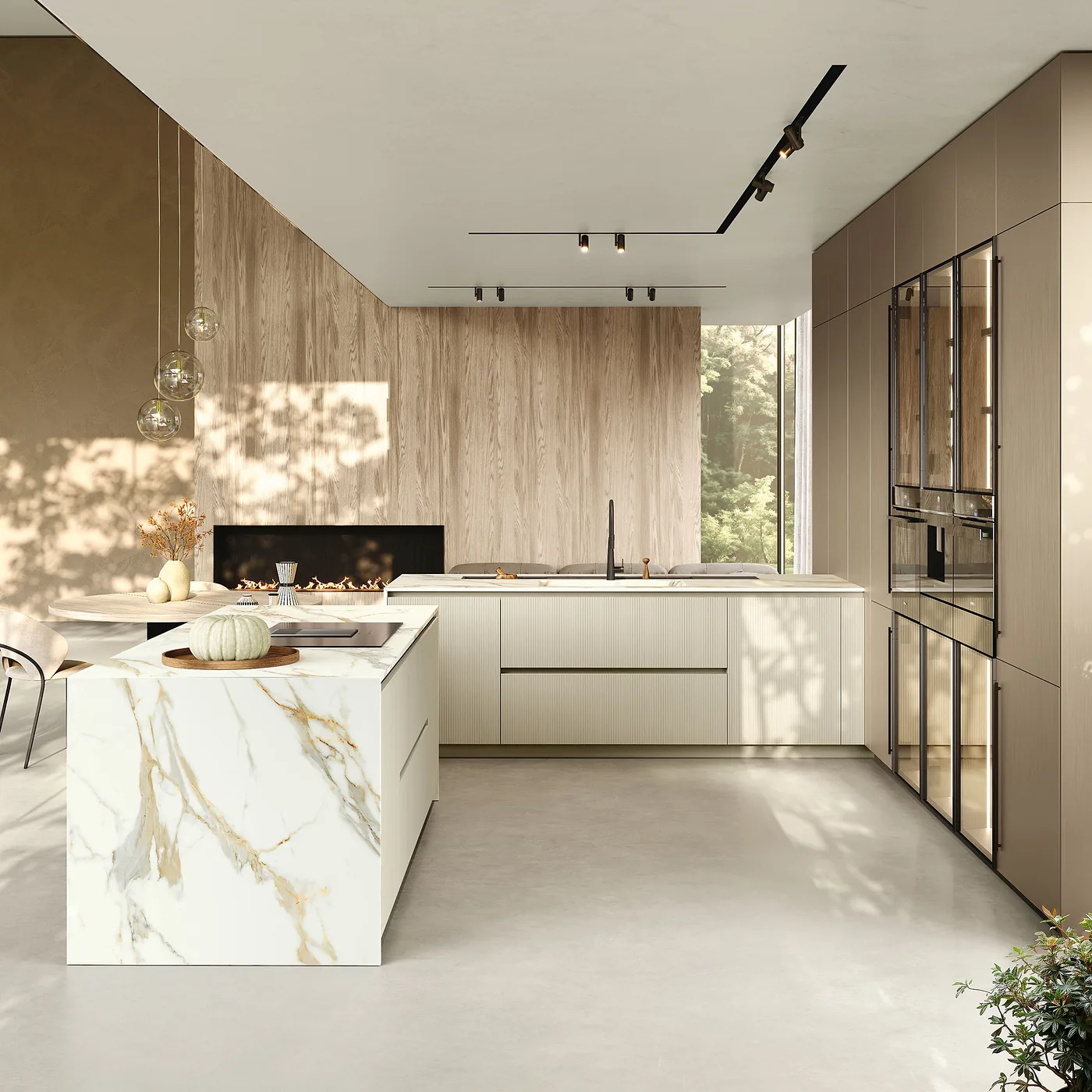 Îlot effet marbre clair et murs en bois, cuisine lumineuse