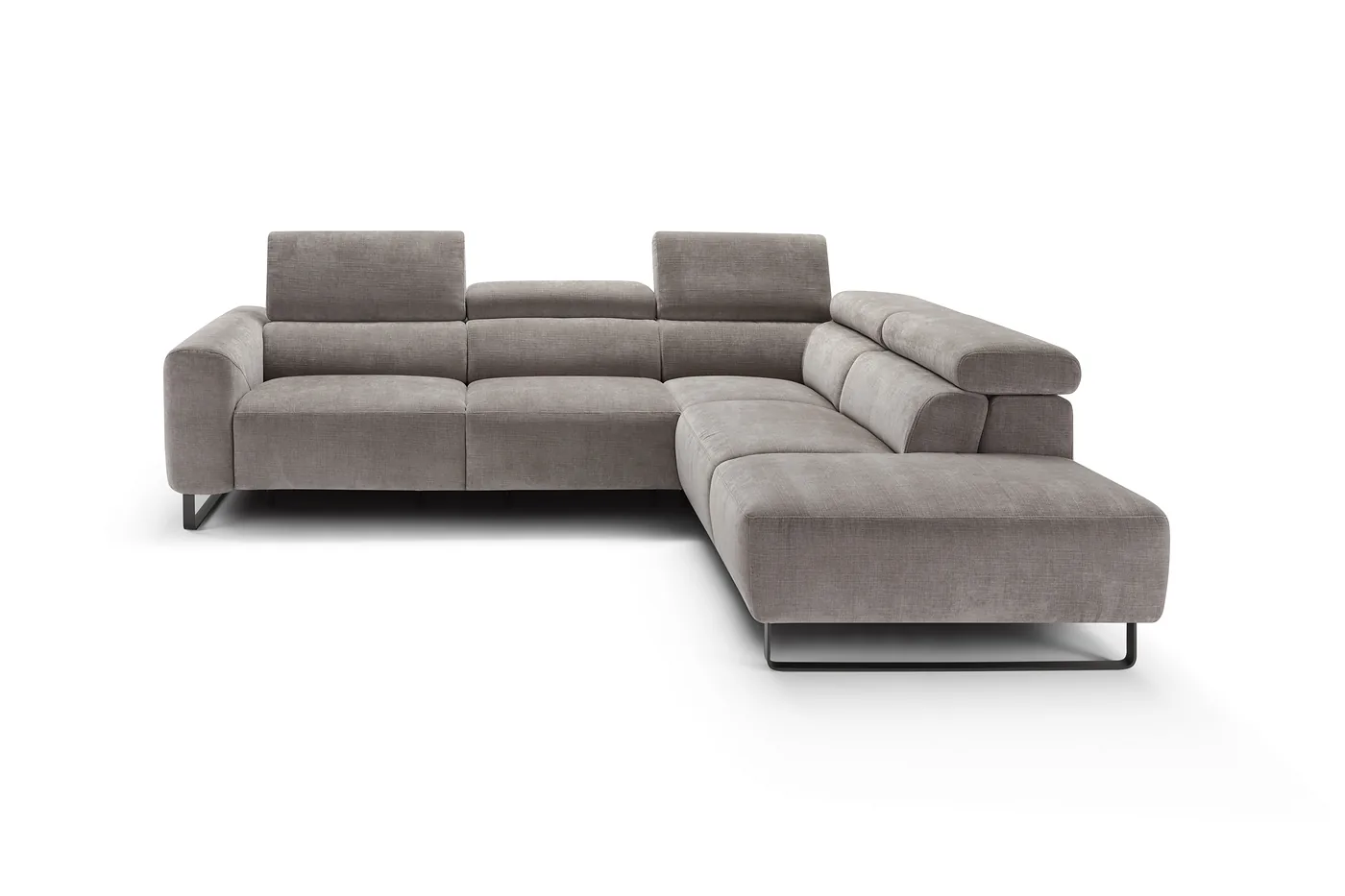 Canapé d’angle en tissu gris, têtières réglables, piètement métal noir