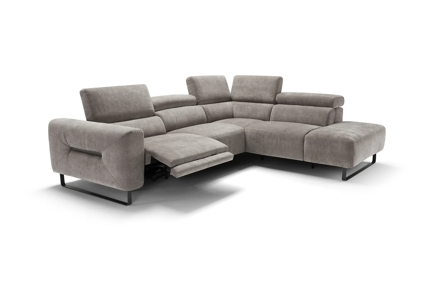 Canapé d’angle en tissu gris, une place relax ouverte, têtières réglables