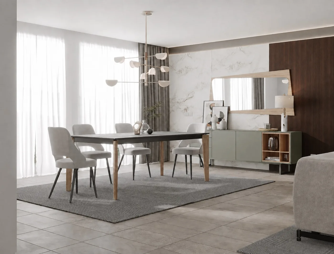 Table au plateau sombre sur pieds en bois clair, chaises grises, buffet vert d’eau