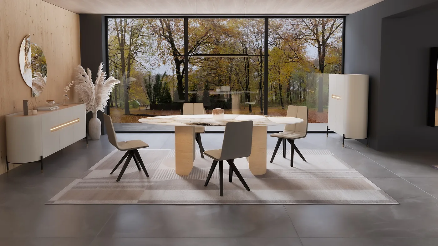 Salle à manger : table ovale au plateau clair sur pied central en bois, chaises grises, buffet arrondi