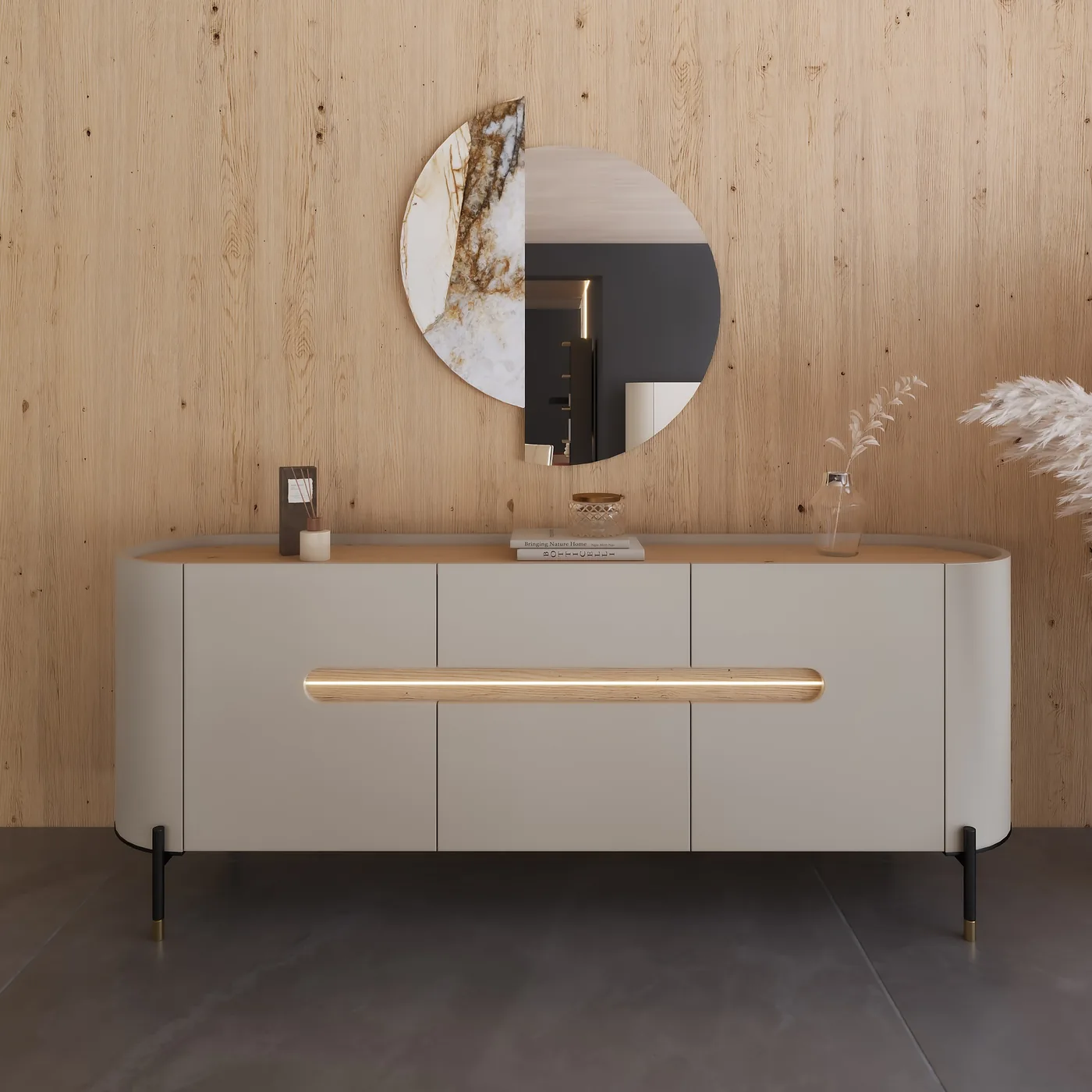 Buffet aux angles arrondis, laque gris clair et plateau bois, poignée lumineuse