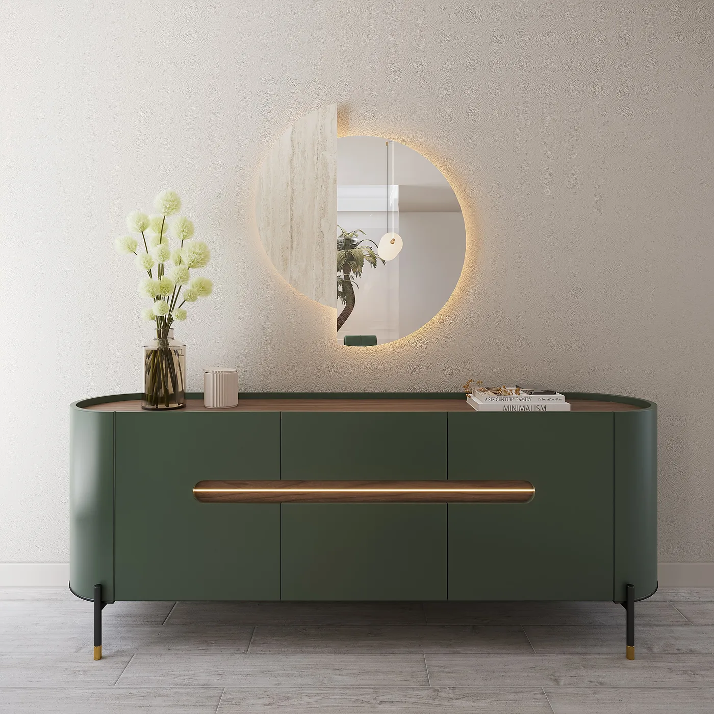 Buffet aux angles arrondis, laque vert sapin et plateau en noyer, poignée lumineuse