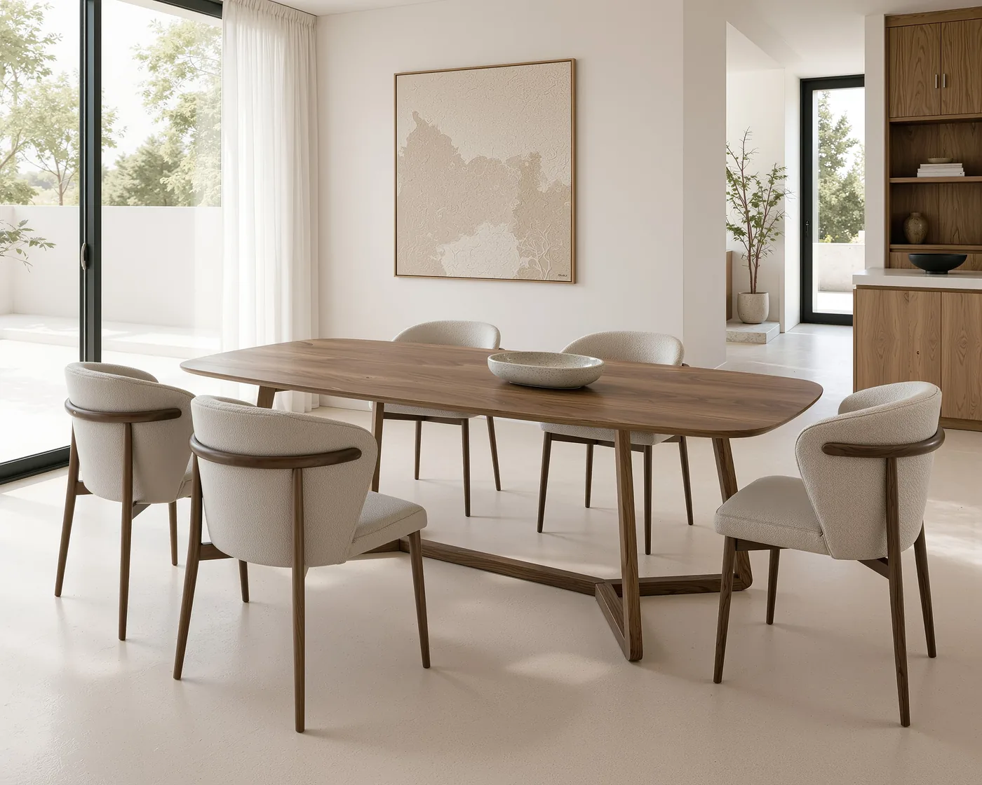 Chaises aux dossiers ronds en bois et tissu écru autour d’une table ovale en bois foncé