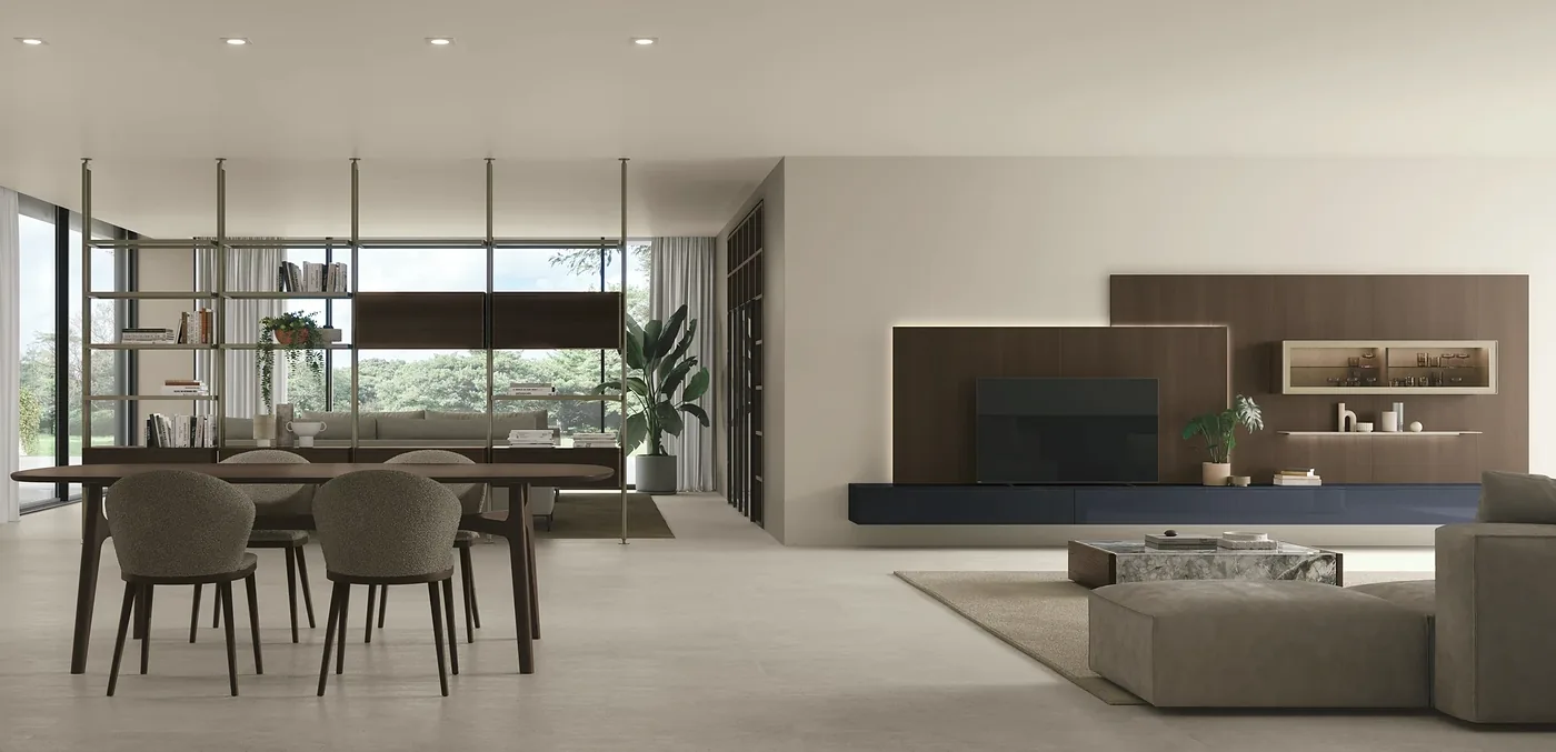 Appartement avec vue : séjour Tomasella, canapé et rangements sur mesure