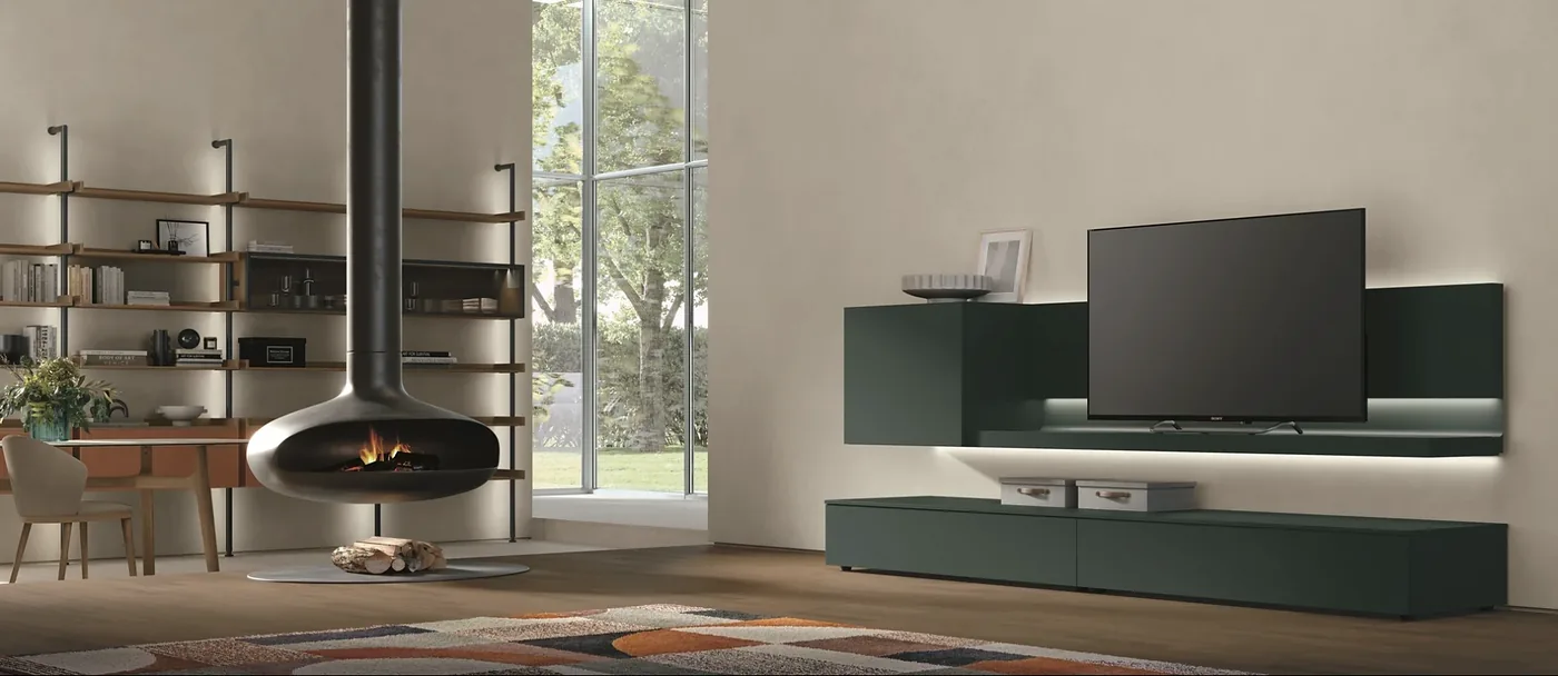 Meuble TV Tomasella avec rangements suspendus dans un salon