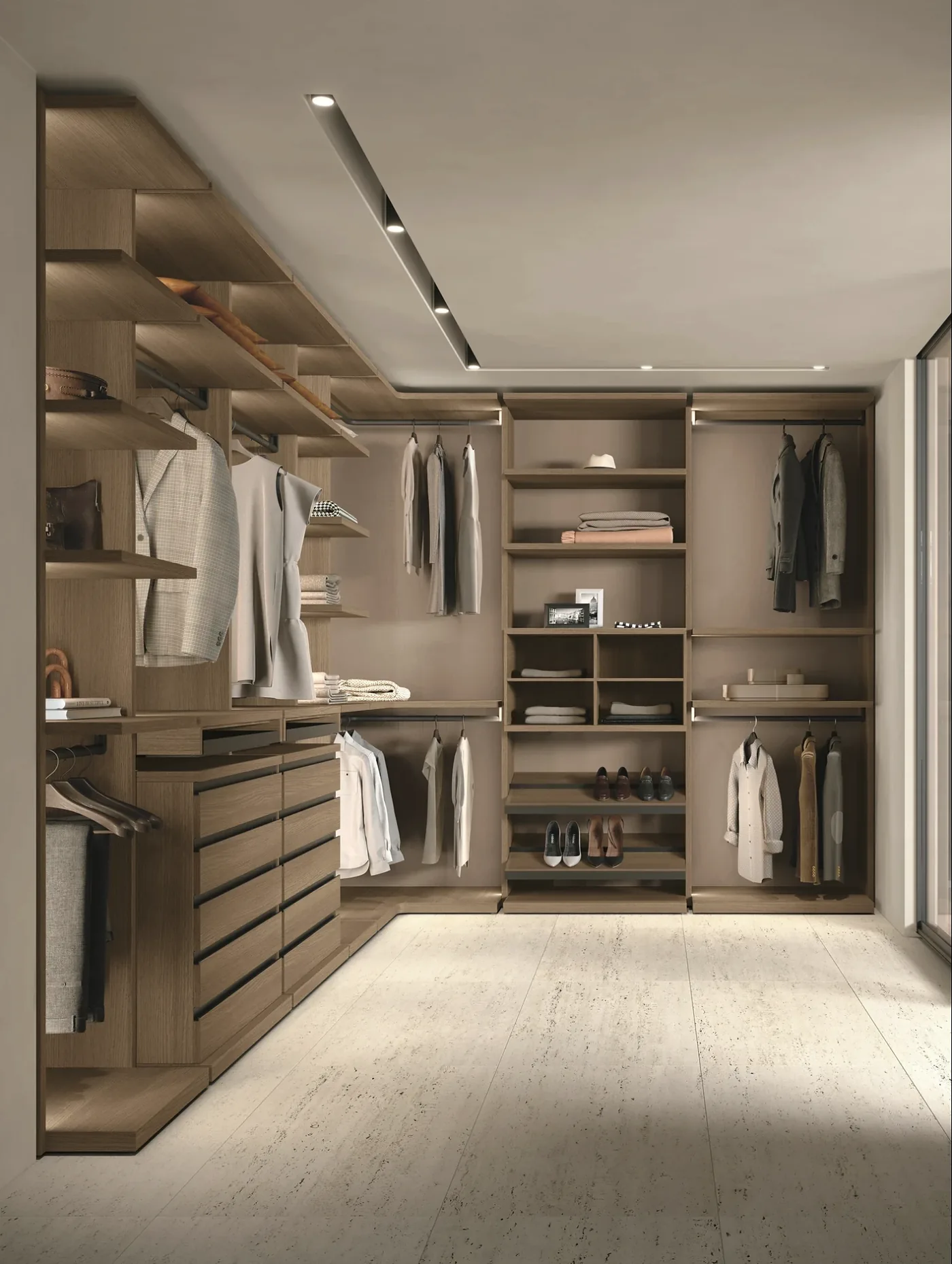 Dressing ouvert Tomasella : penderies et tiroirs en bois chaud